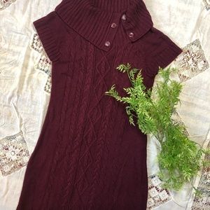 Calvin Klein Cable Knit Sweater Dress M Cowl Button Neck Short Sleeve Burgundy